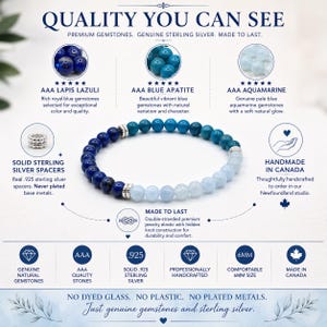May include: A beaded bracelet featuring AAA lapis lazuli, blue apatite, and aquamarine gemstones with solid .925 sterling silver spacers. The text reads Quality You Can See, Handmade in Canada, and No Dyed Glass. No Plastic. No Plated Metals.
