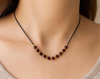 Garnet Silk Cord Crystal Necklace | Dainty 4mm Faceted Gemstones | Sterling Silver, Rose Gold, Gold Filled Accents | Spiritual Gift for Her