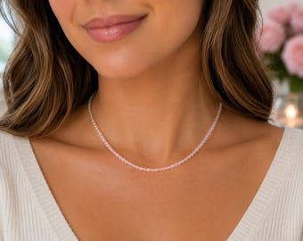 Rose Quartz Necklace, Genuine Natural A+ 4mm Gemstones, 18K Gold Fill, Rose Gold or Sterling Silver, Dainty Soft Pink Jewelry, 18 to 24 in