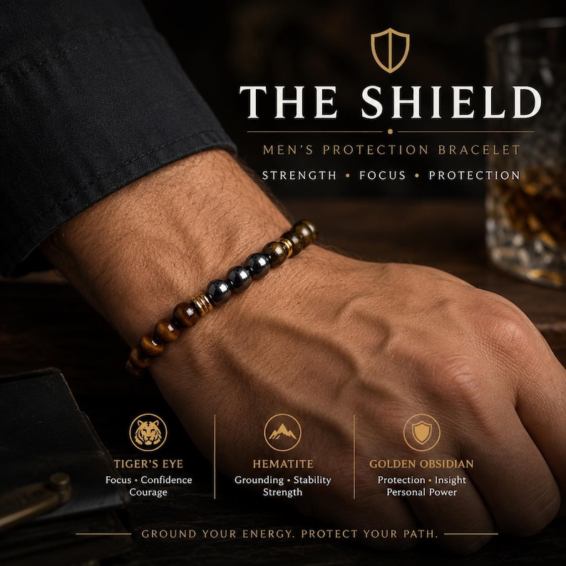 The Shield men's protection bracelet featuring genuine Tiger's Eye, Hematite, and Golden Obsidian gemstones with gold accent spacers. Handmade stretch bracelet for men designed to symbolize strength, focus, and protection.