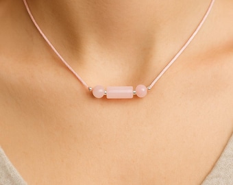 Rose Quartz Silk Cord Necklace • Dainty 4mm Gemstone Choker • Sterling Silver or Gold Accents •  Minimalist Crystal Jewelry for Women