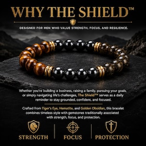 The Shield herenarmband, tijgeroog hematiet gouden obsidiaan armband, luxe drievoudige beschermingsarmband voor mannen, cadeau voor hem afbeelding 6