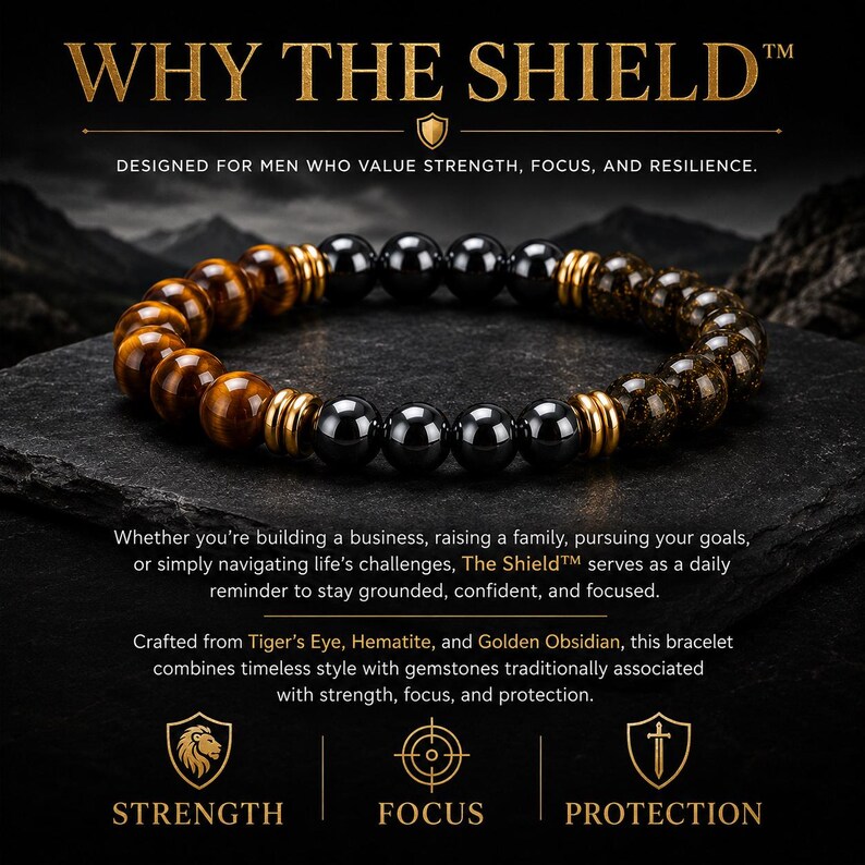 The Shield herenarmband, tijgeroog hematiet gouden obsidiaan armband, luxe drievoudige beschermingsarmband voor mannen, cadeau voor hem afbeelding 6