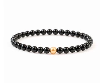 Armband met zwarte toermalijn | Echte zwarte toermalijn van 6 mm | Accentkraal van 18-karaats verguld goud | Handgemaakte edelstenen armband | Beschermende sieraden
