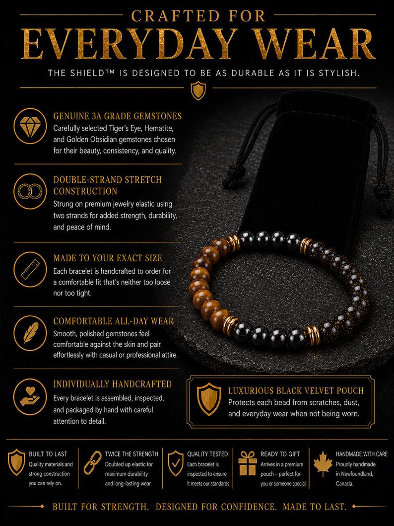 The Shield herenarmband, tijgeroog hematiet gouden obsidiaan armband, luxe drievoudige beschermingsarmband voor mannen, cadeau voor hem afbeelding 5