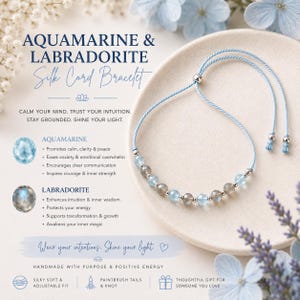 Aquamarine & Labradorite Bracelet for Women - Dainty 4mm Crystals on Adjustable Silk Cord, Gold Filled, Rose Gold or Sterling Silver Gift image 3