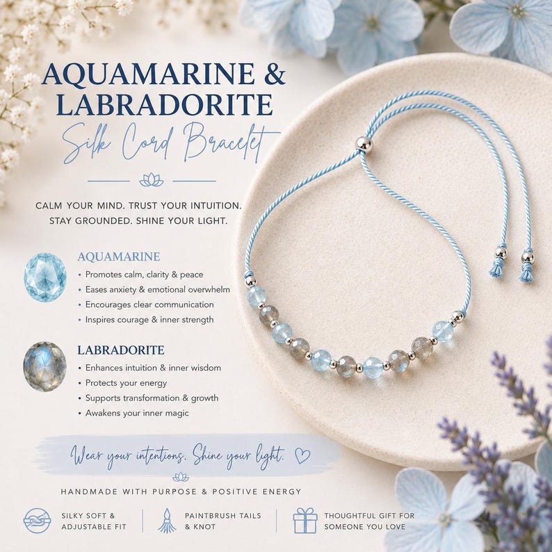 Aquamarine & Labradorite Bracelet for Women - Dainty 4mm Crystals on Adjustable Silk Cord, Gold Filled, Rose Gold or Sterling Silver Gift image 3