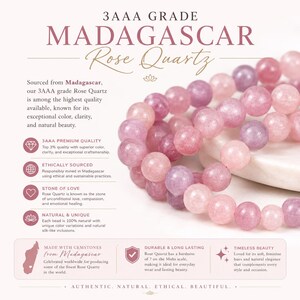 May include: A strand of polished, spherical 3AAA grade Madagascar rose quartz beads in varying shades of translucent pink and soft purple. The image includes text detailing the stone quality, ethical sourcing, and properties of the gemstone.