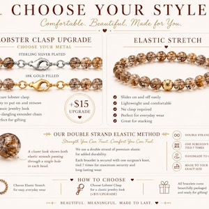 Puede incluir: Un anuncio de pulseras. La imagen muestra dos estilos de pulseras: una con un cierre de mosquet&oacute;n en plata de ley o oro de 18 quilates, y otra con un dise&ntilde;o el&aacute;stico. El texto dice "CHOOSE YOUR STYLE" y destaca caracter&iacute;sticas como la durabilidad y la facilidad de uso.