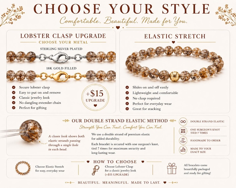 Puede incluir: Un anuncio de pulseras. La imagen muestra dos estilos de pulseras: una con un cierre de mosquet&oacute;n en plata de ley o oro de 18 quilates, y otra con un dise&ntilde;o el&aacute;stico. El texto dice "CHOOSE YOUR STYLE" y destaca caracter&iacute;sticas como la durabilidad y la facilidad de uso.
