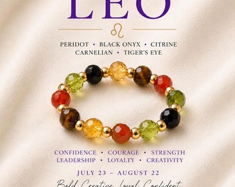 Leo Zodiac Crystal Ring | Leo Birthstone Ring | 18k Gold Filled | Peridot, Carnelian, Onyx, Citrine, Tiger's Eye Gemstones |  Birthday Gift