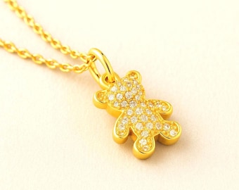 Gold Teddy Bear Necklace – 14k Gold Vermeil Chain with Pave Teddy Charm, Dainty Gold Necklace, Cute Necklace Gift, Minimalist Jewelry, 3D