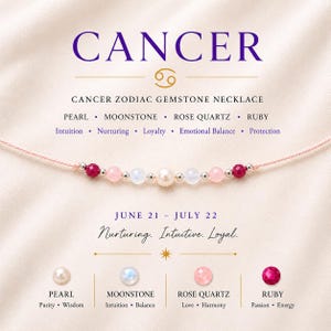 Cancer Zodiac Necklace | Ruby Pearl Moonstone Rose Quartz | Dainty Crystal Bar June July Birthstone Jewelry for Women