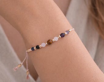 Silk Cord Empath Protection Bracelet | Dainty Black Tourmaline, Amethyst, Rose Quartz, Fluorite & Tiger’s Eye | Crystal Jewelry Gift for Her