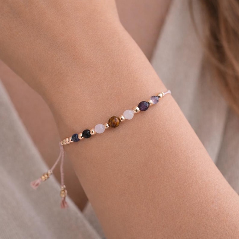 Empath Protection Bracelet, Silk Cord Crystal Bracelet, Black Tourmaline, Amethyst, Rose Quartz & Tiger's Eye, Gift for Her image 3