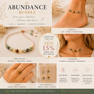 Puede incluir: Un conjunto de joyer&iacute;a Abundance Bundle que incluye pulsera, tobillera, gargantilla, anillo y pendientes de barra. Cada pieza est&aacute; elaborada con cuentas de piedras preciosas multicolores y detalles en tono dorado con cordones ajustables.