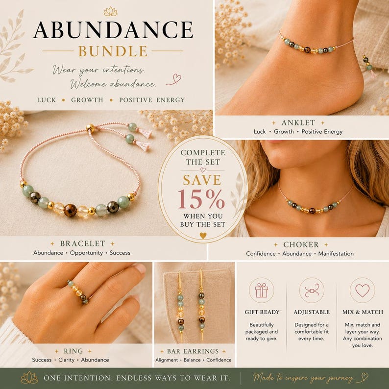 Puede incluir: Un conjunto de joyer&iacute;a Abundance Bundle que incluye pulsera, tobillera, gargantilla, anillo y pendientes de barra. Cada pieza est&aacute; elaborada con cuentas de piedras preciosas multicolores y detalles en tono dorado con cordones ajustables.