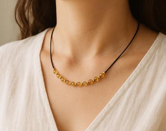Citrine Necklace for Her - Dainty 4mm Faceted Gemstones, Silver, Rose Gold, Gold Filled Accents, Silk Cord, Birthday Gift for Her
