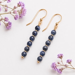 May include: A pair of gold-colored drop earrings. Each earring features a series of dark blue, faceted beads strung together, with a small gold bead separating each. The earrings are set against a white background, with purple flowers in the corner.