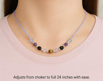 Empath Protection Necklace | Adjustable Choker with Tourmaline, Amethyst, Rose Quartz, Fluorite & Tiger’s Eye Healing Crystals | Empath Gift