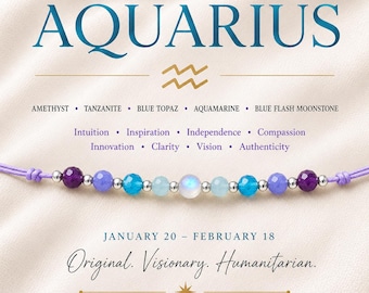 Aquarius Zodiac Bracelet | Blue Flash Moonstone, Aquamarine, Blue Topaz, Tanzanite & Amethyst Silk Cord Bracelet