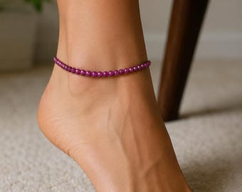 Dainty Ruby Anklet for Women | 4mm Genuine Natural Rubies | July Birthstone Jewelry | Beaded Stretch Gemstone Ankle Bracelet | Birthday Gift