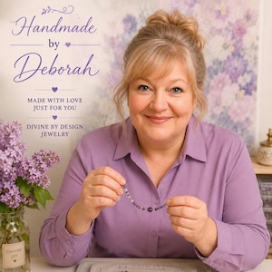 May include: A beaded bracelet featuring small purple and clear beads held by two hands. The text reads: Handmade by Deborah, MADE WITH LOVE JUST FOR YOU, DIVINE BY DESIGN JEWELRY. The bracelet is composed of round, polished purple stones and clear beads.