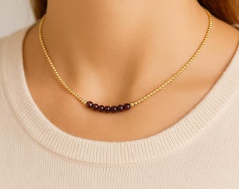 Dainty Garnet Choker Necklace January Birthstone Jewelry | 4mm Garnet & Gold Filled or Sterling Silver Beaded Necklace | Handmade in Canada