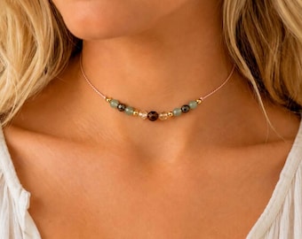 Abundance Necklace for Women | Prosperity Gemstone Choker | Citrine, Pyrite, Tiger's Eye & Aventurine | Adjustable Silk Cord Necklace