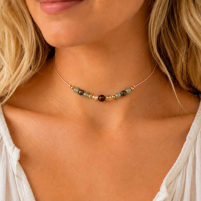 Abundance Necklace for Women | Prosperity Gemstone Choker | Citrine, Pyrite, Tiger's Eye & Aventurine | Adjustable Silk Cord Necklace image 1