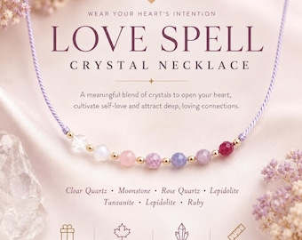 Love Spell Necklace • Real Gemstone Choker with Ritual • Ruby Amethyst Lepidolite Tanzanite Rose Quartz Moonstone • Self Love Gift