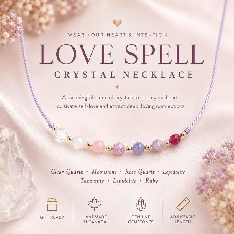 May include: A necklace featuring a lavender cord and a series of seven gemstone beads separated by small gold-toned spheres. The beads include clear quartz, moonstone, rose quartz, lepidolite, tanzanite, lepidolite, and ruby. Text reads LOVE SPELL.