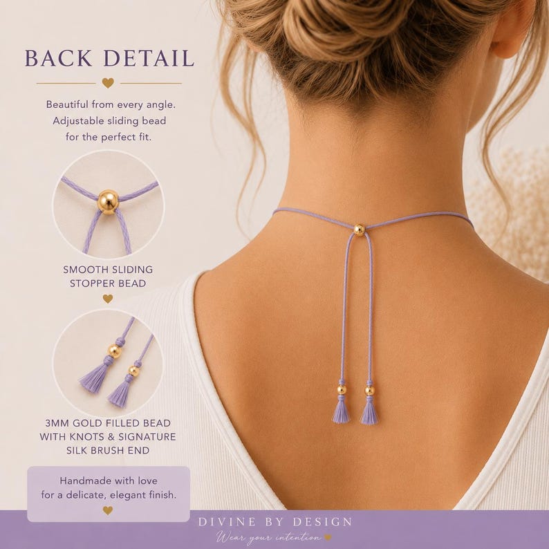 May include: A lavender cord necklace featuring a gold-toned sliding stopper bead and two dangling ends finished with gold-toned beads and small lavender tassels. The text BACK DETAIL, SMOOTH SLIDING STOPPER BEAD, and 3MM GOLD FILLED BEAD are visible.