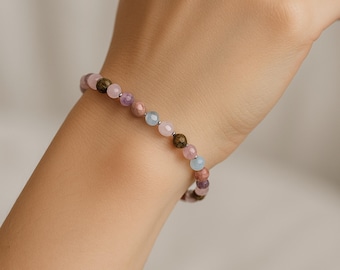 Pulsera elástica de fertilidad / Piedras preciosas de cristal curativo / Piedra lunar, cuarzo rosa, unakita, lepidolita, aguamarina y rodonita / Regalo para quienes buscan concebir tras una FIV