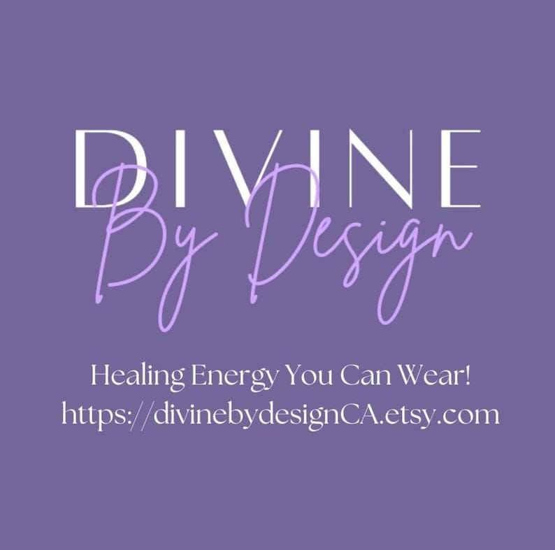 May include: A purple square graphic featuring the white text DIVINE in a bold sans-serif font, with the word By Design in a light purple script font below it. The text Healing Energy You Can Wear and the URL https://divinebydesignCA.etsy.com appear in white.