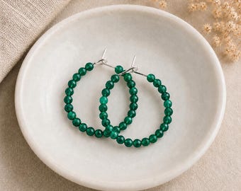 Malachite Hoop Earrings – 18k Gold Filled or White Gold Filled – 25mm 35mm 45mm Hoops – Genuine Green Gemstone Earrings – Boho Jewelry