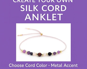 Design Your Own Custom Crystal Anklet on Silk Cord, Dainty 4mm Gemstones, Gold or Silver Accents, Birthstone Jewelry Gift for Men or Women