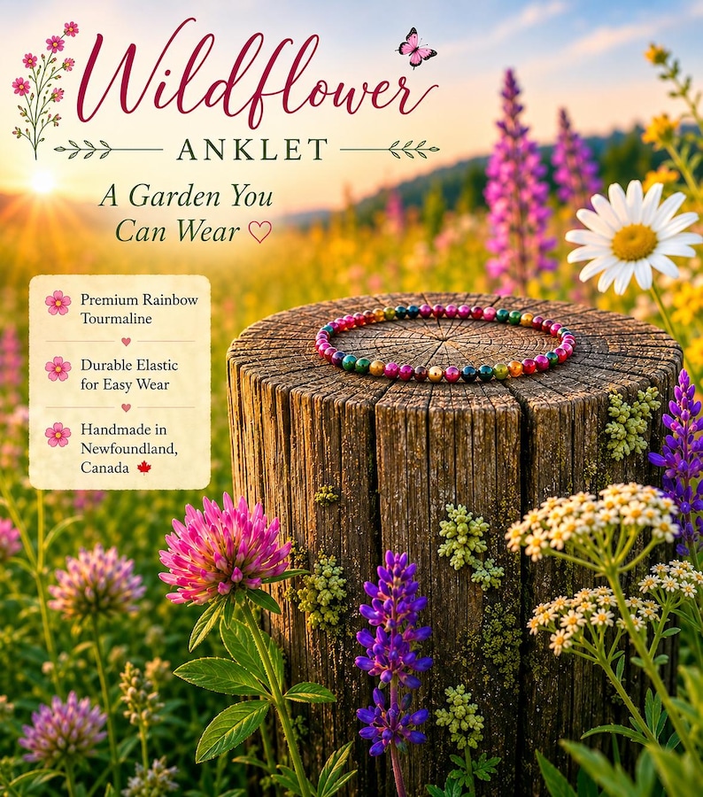 May include: A beaded anklet made of multicolored rainbow tourmaline gemstones arranged in a circular pattern. The text on the image reads Wildflower ANKLET, A Garden You Can Wear, Premium Rainbow Tourmaline, Durable Elastic for Easy Wear, and Handmade in Newfoundland, Canada.