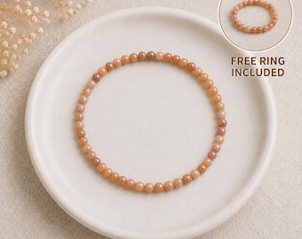 Peach Sunstone Bracelet + FREE Ring | Genuine Natural 5A Grade 4mm Gemstones |  18K Gold Filled or Sterling Silver | Handmade Summer Jewelry