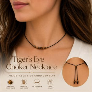 Tiger's Eye Silk Cord Choker Necklace | Adjustable, Handmade in Canada, Gold Accents
