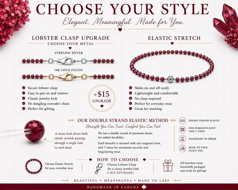 May include: An informational graphic displaying jewelry options with deep red beaded bracelets. It features a lobster clasp upgrade in sterling silver and 14k gold filled, alongside an elastic stretch bracelet. Text details the double strand elastic method.