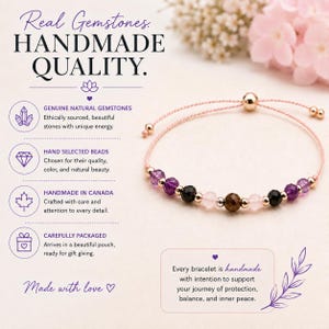 Empath Protection Bracelet, Silk Cord Crystal Bracelet, Black Tourmaline, Amethyst, Rose Quartz & Tiger's Eye, Gift for Her image 6
