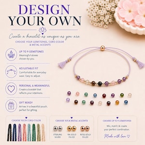 May include: A customisable bracelet with a lavender cord, adjustable slider, and small metallic beads. The image displays text options for choosing gemstones, cord colours, and metal accents including sterling silver, 18k gold, and rose gold filled.