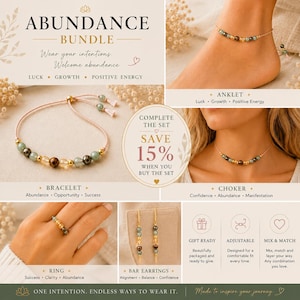 May include: An abundance bundle jewelry set featuring a bracelet, anklet, choker, ring, and bar earrings. Each piece is crafted with multi-colored gemstone beads and gold-toned accents. The set includes adjustable cords and metal findings.