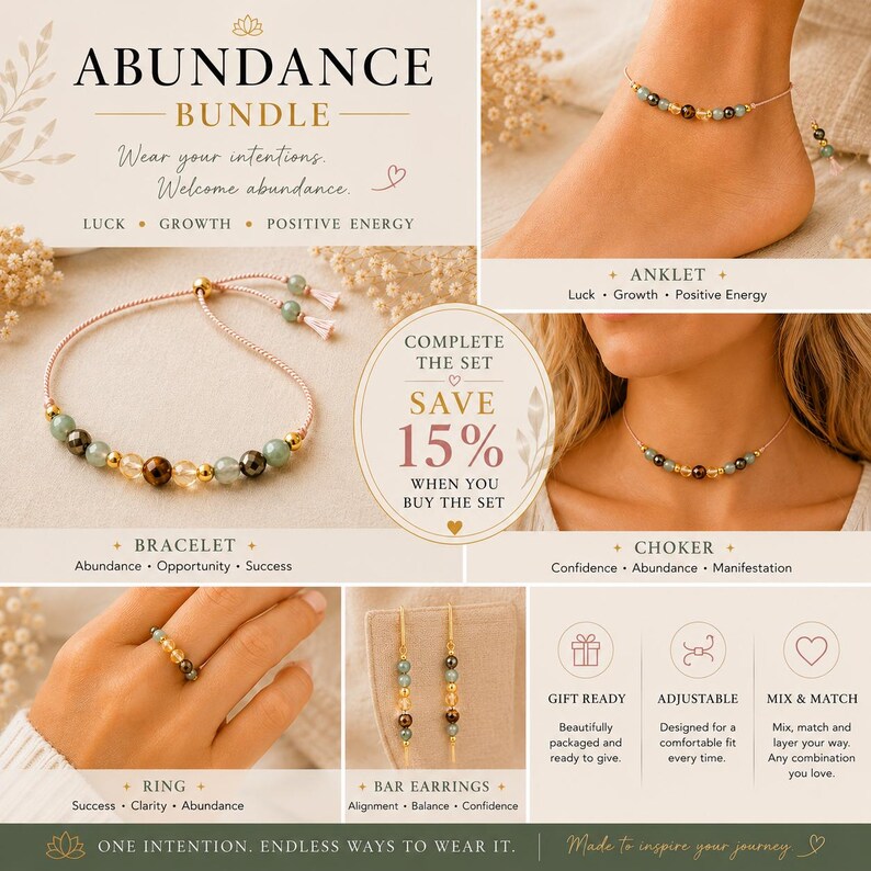 May include: An abundance bundle jewelry set featuring a bracelet, anklet, choker, ring, and bar earrings. Each piece is crafted with multi-colored gemstone beads and gold-toned accents. The set includes adjustable cords and metal findings.
