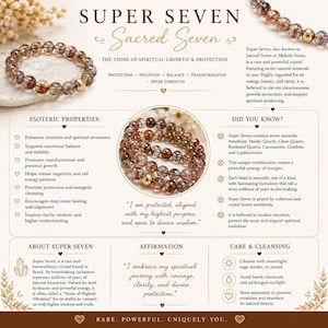 Puede incluir: Pulsera Super Seven Sacred Seven con cuentas marrones, transparentes y doradas. La imagen incluye texto sobre las propiedades de la piedra, como la intuici&oacute;n y el equilibrio. La pulsera se describe como un cristal raro y poderoso.