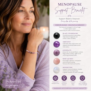 May include: A delicate bracelet with black, purple, and pink beads, designed to support women during menopause. The bracelet is shown on a woman's wrist, with text that reads "MENOPAUSE Support Bracelet". The bracelet is handmade with purpose and positive energy.