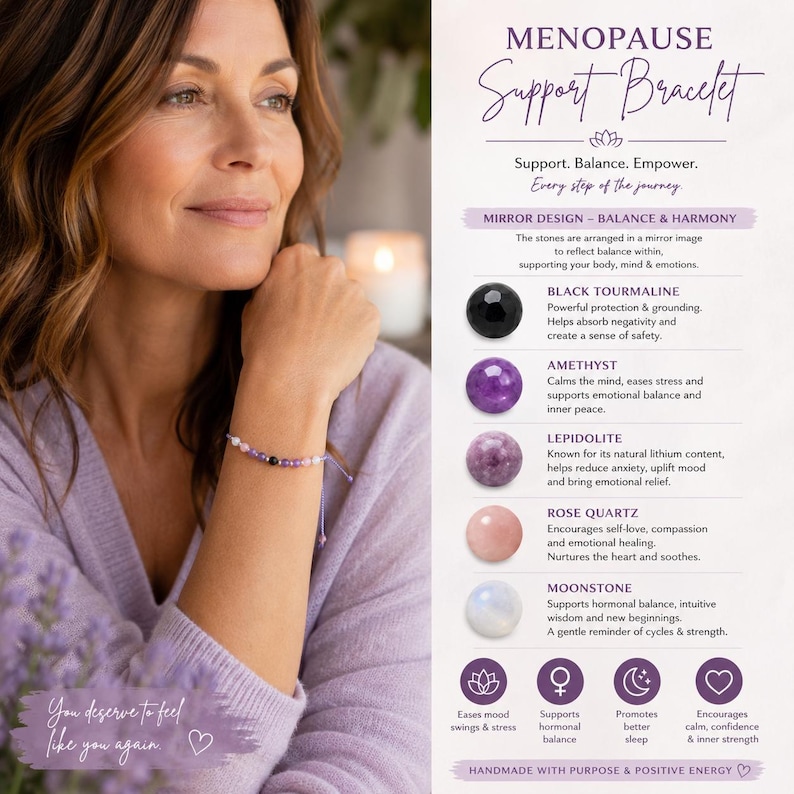 May include: A delicate bracelet with black, purple, and pink beads, designed to support women during menopause. The bracelet is shown on a woman's wrist, with text that reads "MENOPAUSE Support Bracelet". The bracelet is handmade with purpose and positive energy.