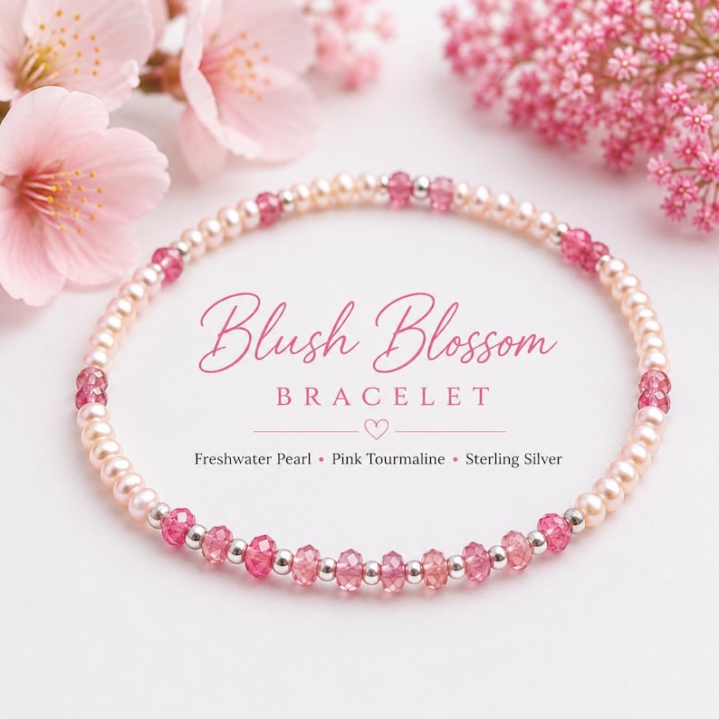 Blush Blossom - Sierlijke armband met roze toermalijn en parels - Echte natuurlijke edelstenen en sterling zilver - Geboortesteen van oktober afbeelding 1