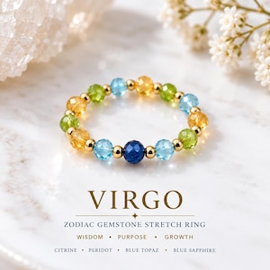 May include: A stretch ring featuring faceted beads in shades of blue, green, and yellow, accented with small gold-tone spheres. The text reads: VIRGO ZODIAC GEMSTONE STRETCH RING WISDOM PURPOSE GROWTH CITRINE PERIDOT BLUE TOPAZ BLUE SAPPHIRE.